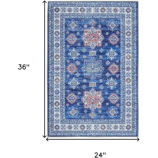 Ivory and Blue Oriental Distressed Non Skid Area Rug Photo 3