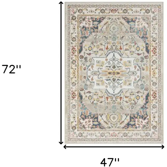 Ivory and Blue Oriental Power Loom Area Rug Photo 3