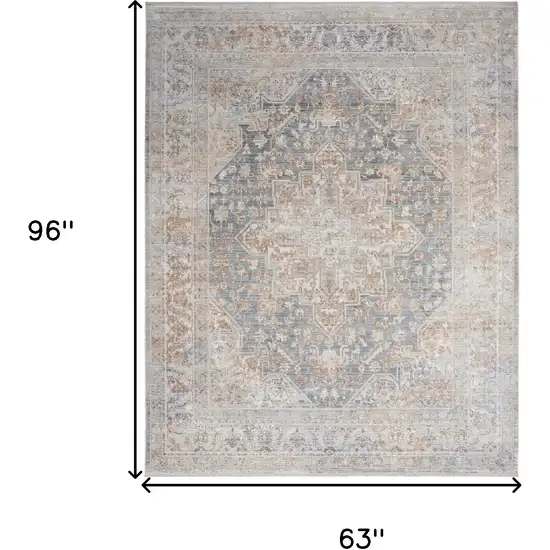 Ivory and Blue Oriental Power Loom Distressed Area Rug With Fringe Photo 10