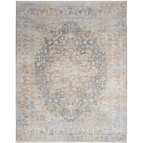 Ivory and Blue Oriental Power Loom Distressed Area Rug With Fringe Photo 1