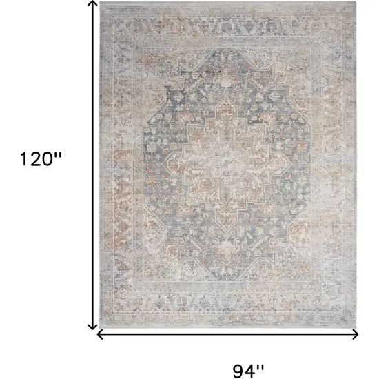 Ivory and Blue Oriental Power Loom Distressed Area Rug With Fringe Photo 10