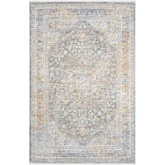 Ivory and Blue Oriental Power Loom Distressed Area Rug Photo 1