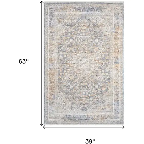 Ivory and Blue Oriental Power Loom Distressed Area Rug Photo 8