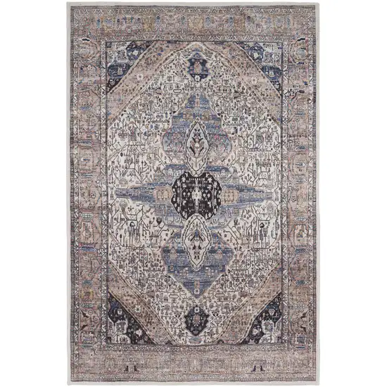 Ivory and Blue Oriental Power Loom Distressed Washable Non Skid Area Rug Photo 1