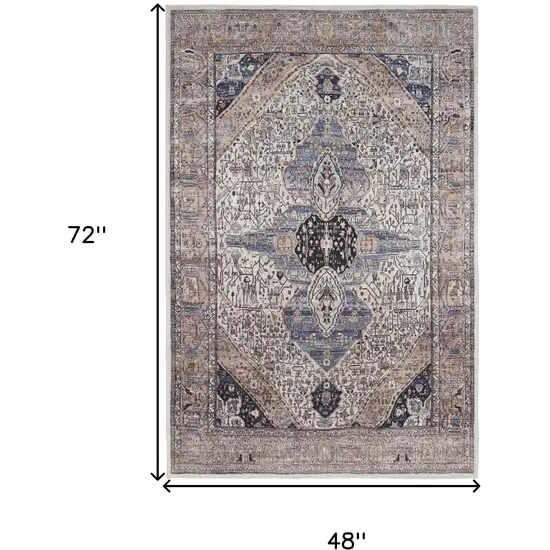 Ivory and Blue Oriental Power Loom Distressed Washable Non Skid Area Rug Photo 9