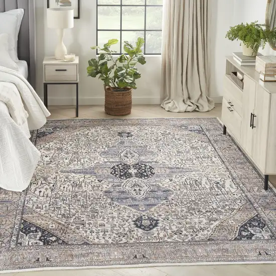 Ivory and Blue Oriental Power Loom Distressed Washable Non Skid Area Rug Photo 6