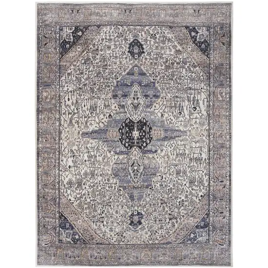 Ivory and Blue Oriental Power Loom Distressed Washable Non Skid Area Rug Photo 1