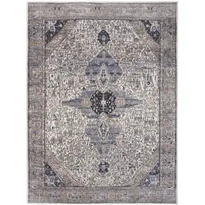 Photo of Ivory and Blue Oriental Power Loom Distressed Washable Non Skid Area Rug