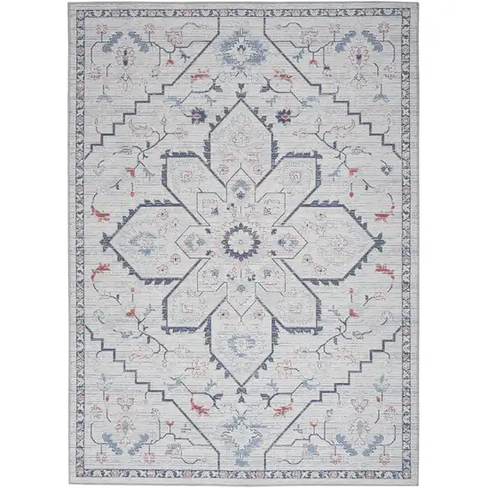 Ivory and Blue Oriental Power Loom Washable Area Rug Photo 1