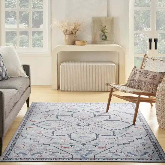 Ivory and Blue Oriental Power Loom Washable Area Rug Photo 9