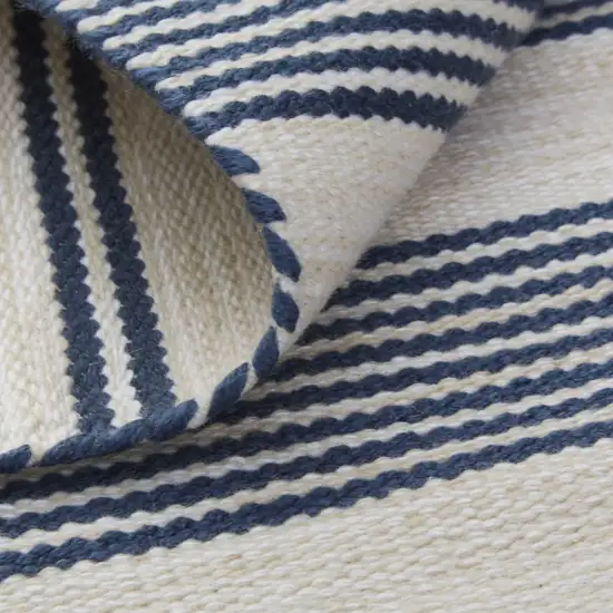 Ivory and Blue Striped Hand Woven Area Rug Photo 5