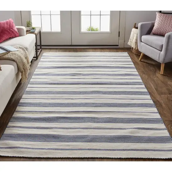 Ivory and Blue Striped Hand Woven Area Rug Photo 7