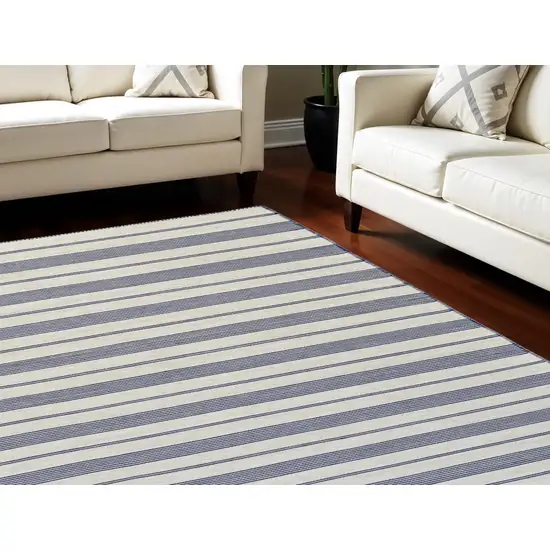 Ivory and Blue Striped Hand Woven Area Rug Photo 1