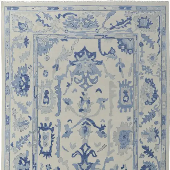 Ivory and Blue Wool Floral Hand Knotted Area Rug With Fringe Photo 5