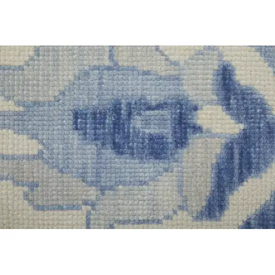 Ivory and Blue Wool Floral Hand Knotted Area Rug With Fringe Photo 9