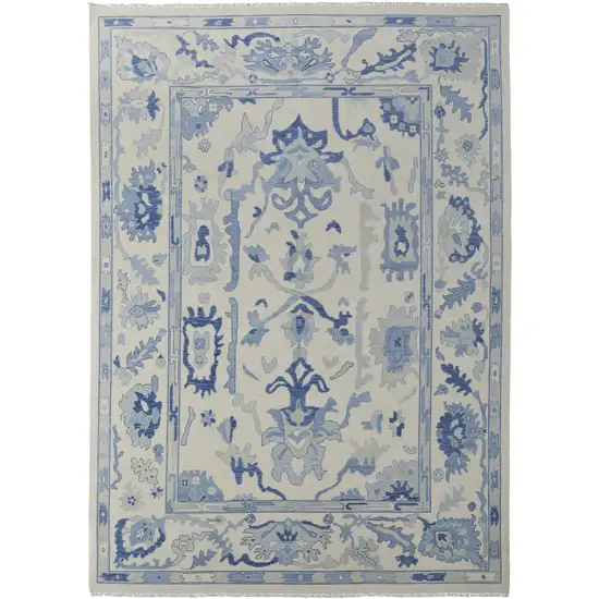 Ivory and Blue Wool Floral Hand Knotted Area Rug With Fringe Photo 4