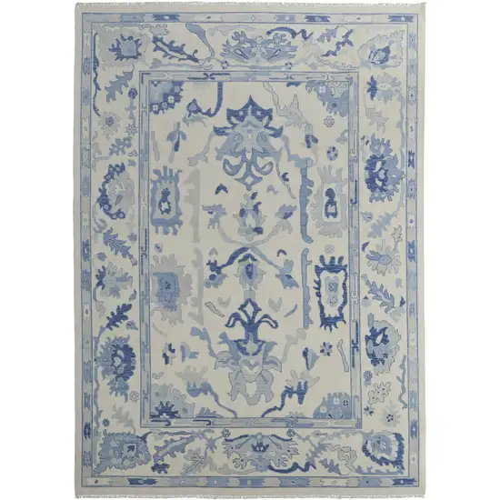 Ivory and Blue Wool Floral Hand Knotted Area Rug With Fringe Photo 5