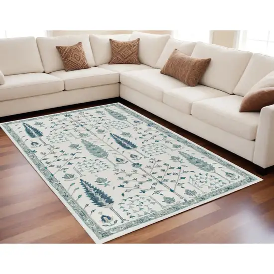 Ivory and Blue Wool Floral Hand Tufted Area Rug Photo 1