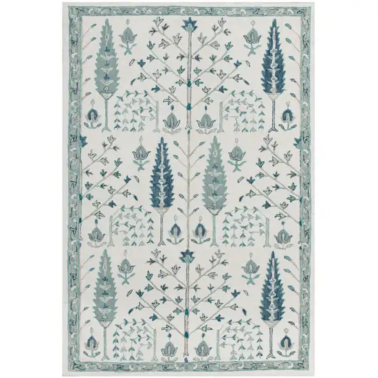 Ivory and Blue Wool Floral Hand Tufted Area Rug Photo 6