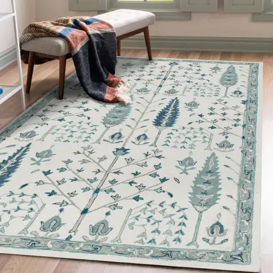 Ivory and Blue Wool Floral Hand Tufted Area Rug Photo 7