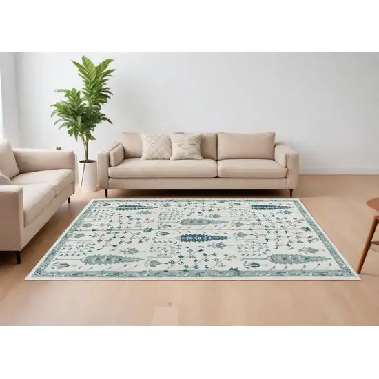 Ivory and Blue Wool Floral Hand Tufted Area Rug Photo 1