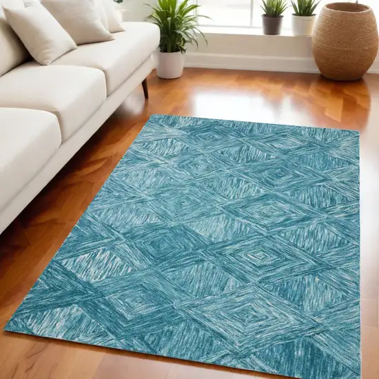 Ivory and Blue Wool Geometric Area Rug Photo 1