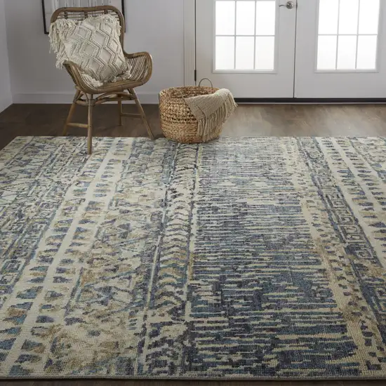 Ivory and Blue Wool Geometric Hand Knotted Area Rug Photo 8