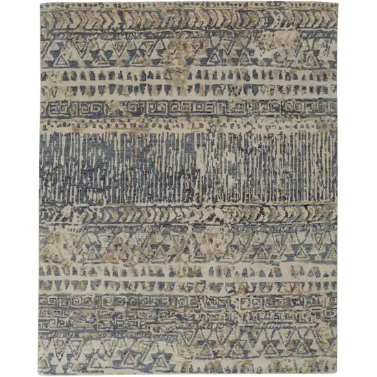 Ivory and Blue Wool Geometric Hand Knotted Area Rug Photo 2