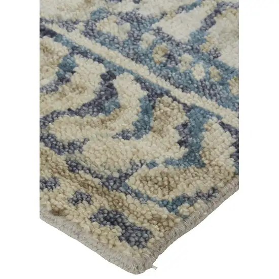 Ivory and Blue Wool Geometric Hand Knotted Area Rug Photo 4