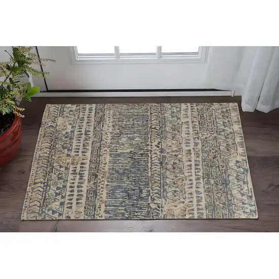 Ivory and Blue Wool Geometric Hand Knotted Area Rug Photo 1