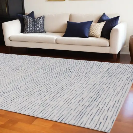 Ivory and Blue Wool Striped Hand Tufted Area Rug Photo 1