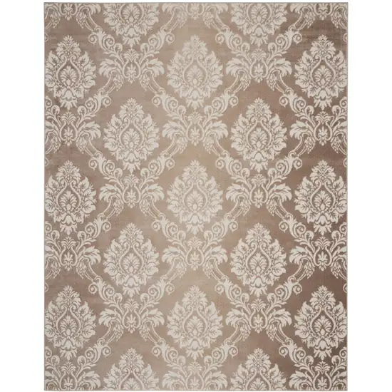 Ivory and Brown Damask Distressed Non Skid Area Rug Photo 2