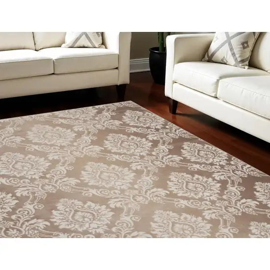 Ivory and Brown Damask Distressed Non Skid Area Rug Photo 1