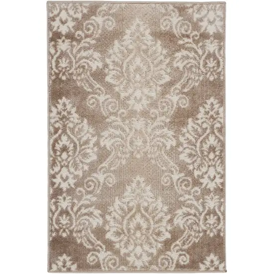 Ivory and Brown Damask Distressed Non Skid Area Rug Photo 2