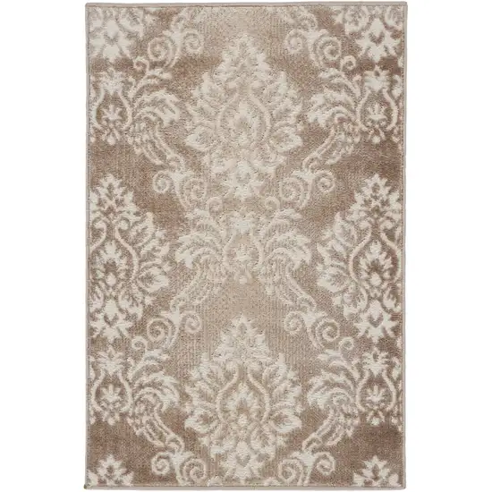 Ivory and Brown Damask Distressed Non Skid Area Rug Photo 4