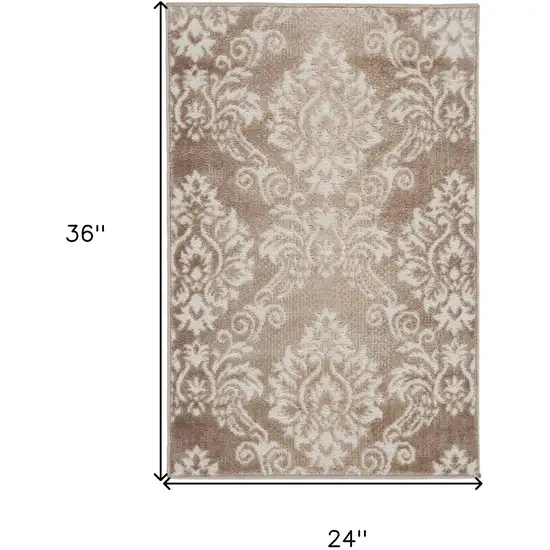 Ivory and Brown Damask Distressed Non Skid Area Rug Photo 3