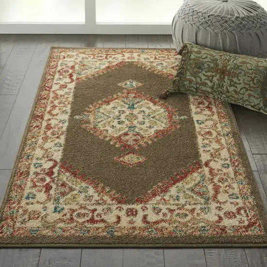 Ivory and Brown Oriental Power Loom Area Rug Photo 8