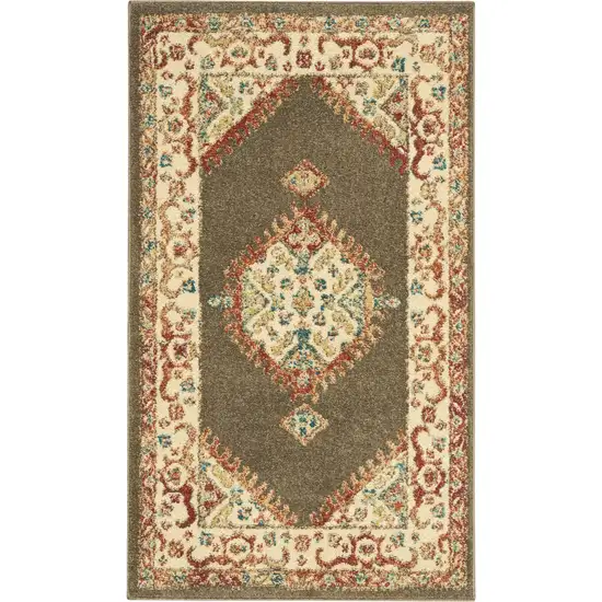 Ivory and Brown Oriental Power Loom Area Rug Photo 1