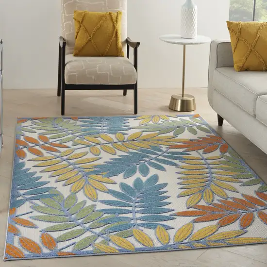 Ivory and Colored Leaves Indoor Outdoor Runner Rug Photo 5