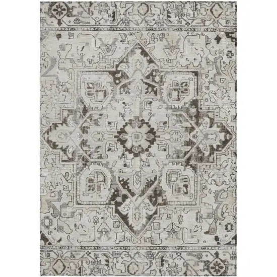 Ivory and Dark Brown Oriental Washable Non Skid Indoor Outdoor Area Rug Photo 4