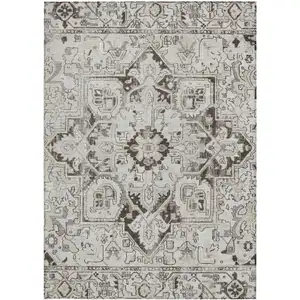 Photo of Ivory and Dark Brown Oriental Washable Non Skid Indoor Outdoor Area Rug