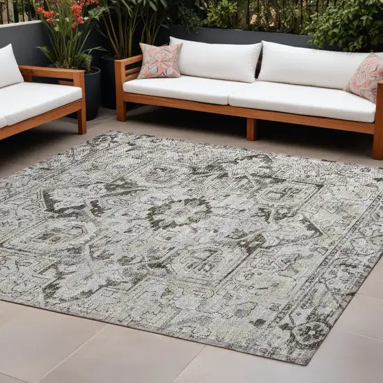 Ivory and Dark Brown Oriental Washable Non Skid Indoor Outdoor Area Rug Photo 1