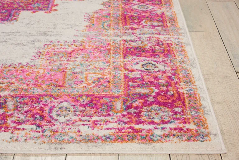 Ivory and Fuchsia Distressed Area Rug Photo 3