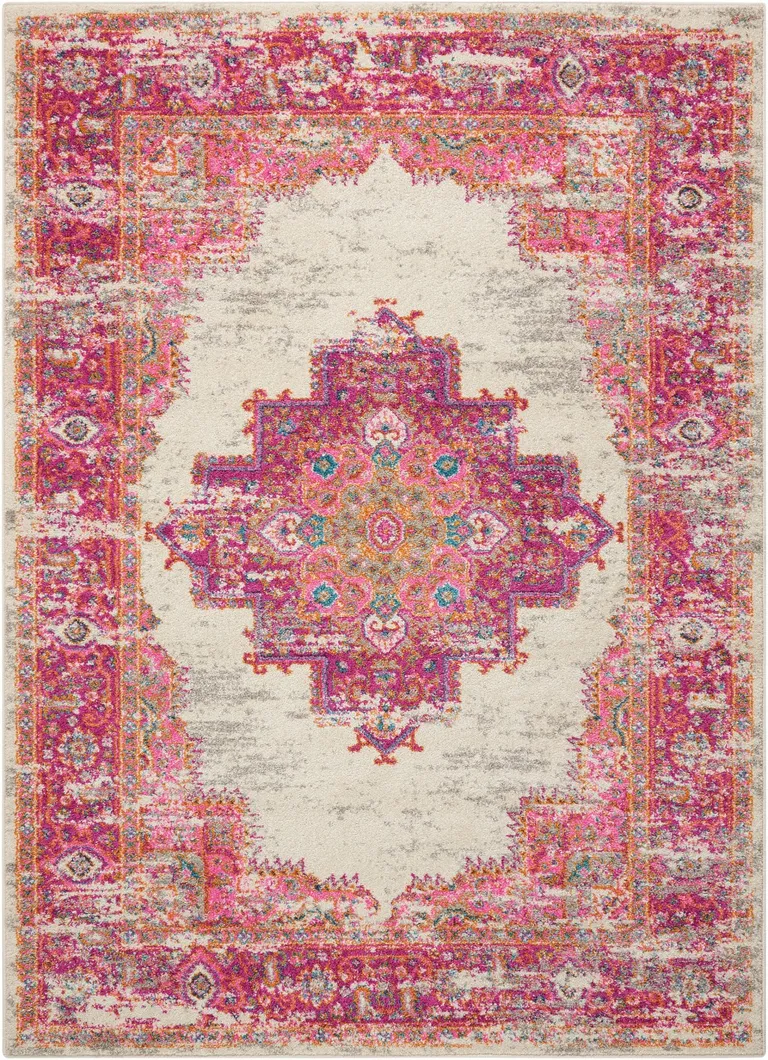 Ivory and Fuchsia Distressed Area Rug Photo 5