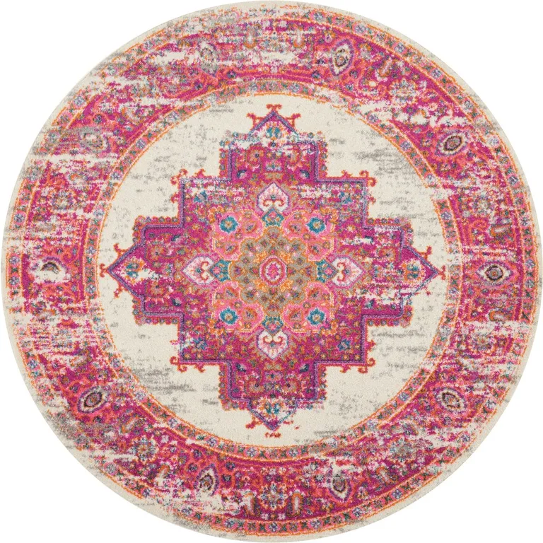 Ivory and Fuchsia Distressed Area Rug Photo 1