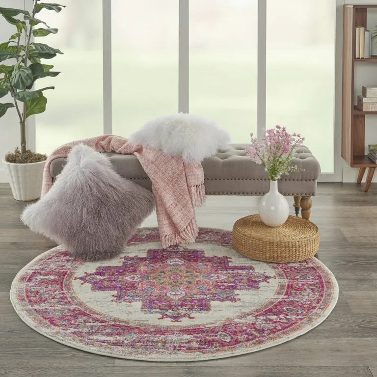 Ivory and Fuchsia Distressed Area Rug Photo 4