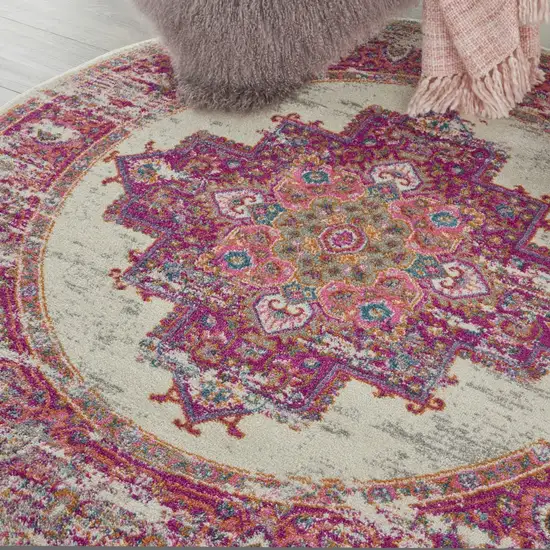 Ivory and Fuchsia Distressed Area Rug Photo 5