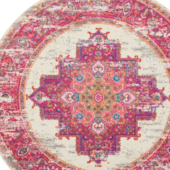 4' Ivory And Fuchsia Oriental Distressed Round Rug Photo 6