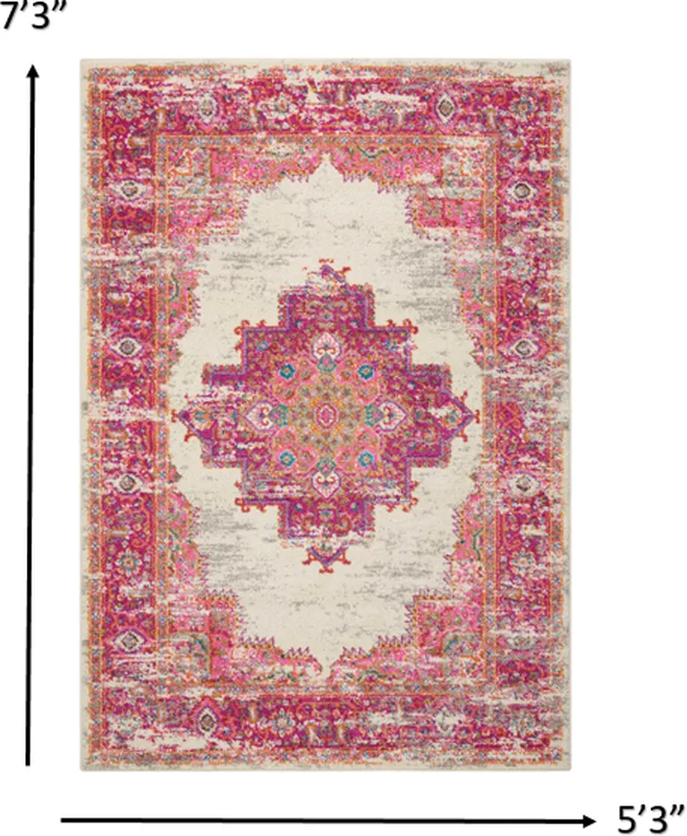 Ivory and Fuchsia Distressed Area Rug Photo 2