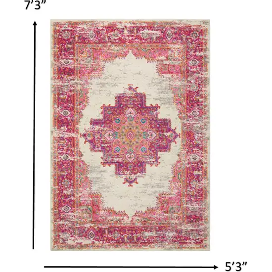 Ivory and Fuchsia Distressed Area Rug Photo 2